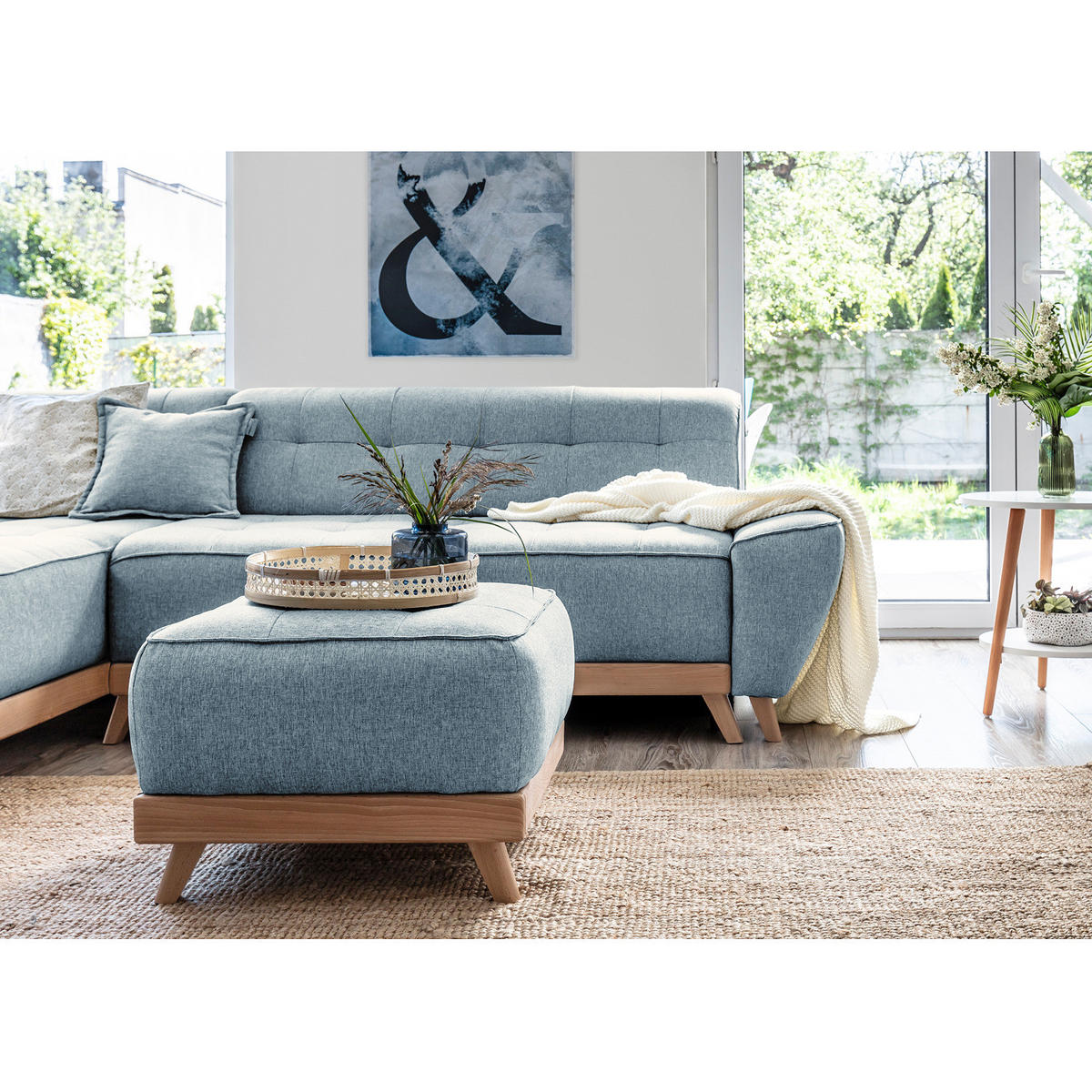 POLSTERHOCKER - Webstoff - Blau/Buchefarben, Buchenholz/Textil (60/42/60cm) - home24