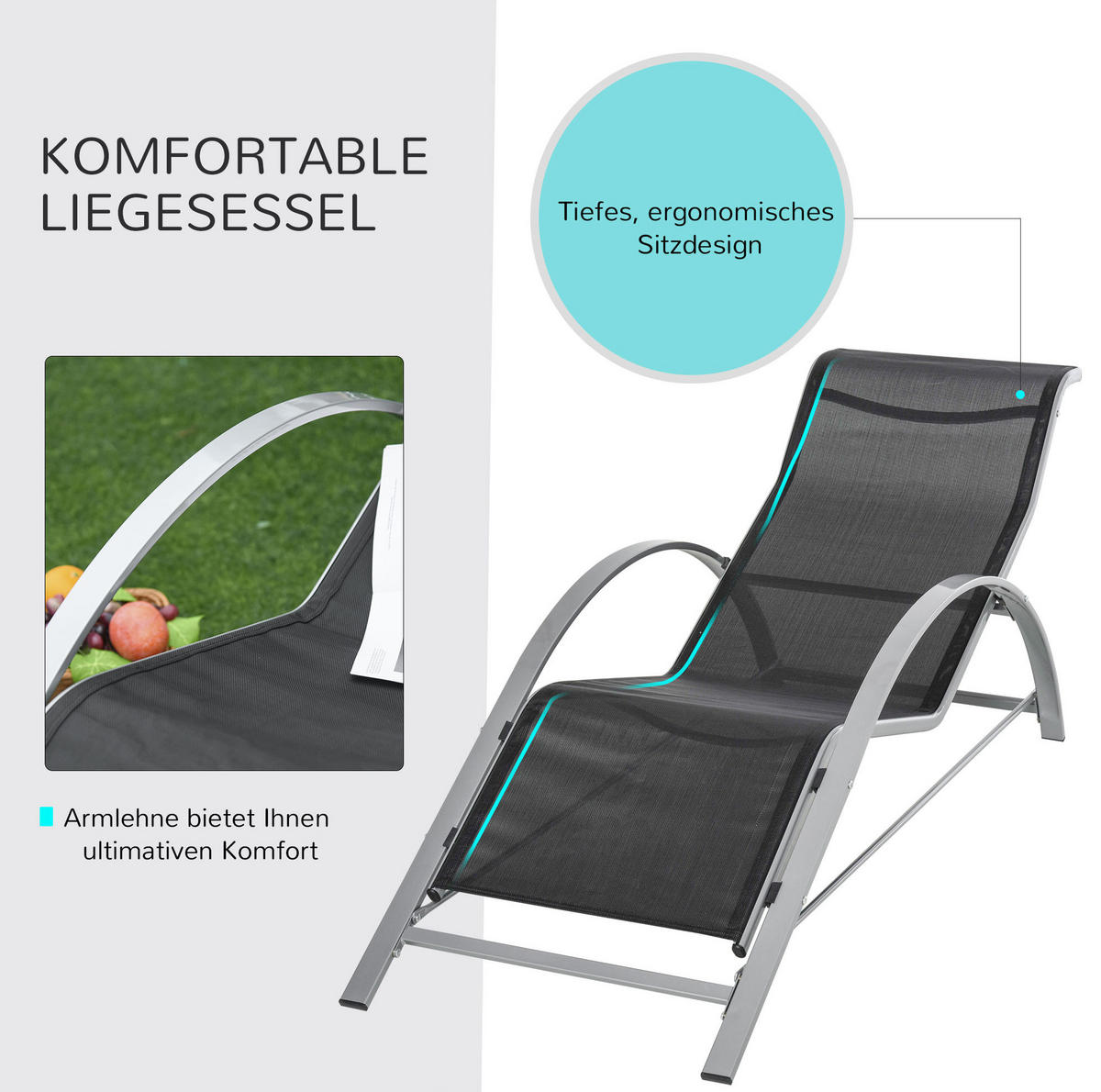 GARTENLIEGEN-SET 59/169/66 cm aus Metall mit Beistelltisch und Armlehnen, Schwarz - Schwarz, Metall - Redom