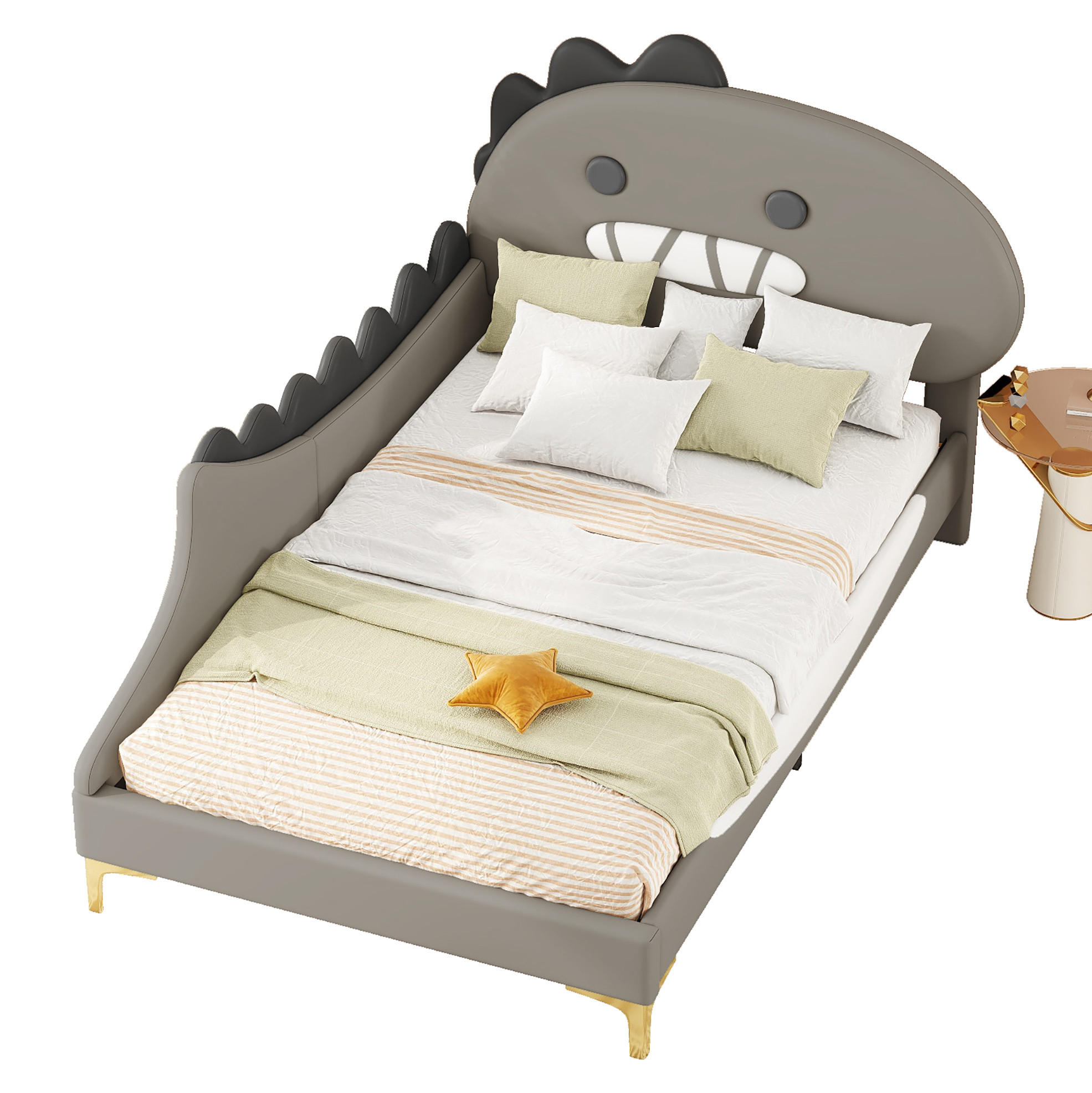 KINDERBETT 90/200 cm in Grau mit Dinosaurier-Kopfteil aus PU und MDF - Grau, Kunststoff (90/200cm) - BEAOK