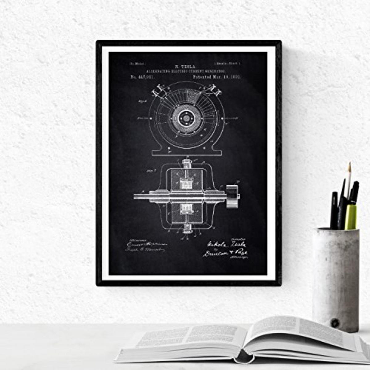 POSTER Set mit 4 Schwarz Patenten Strom A4 Schwarzer Rahmen - Schwarz, Papier (29.7/3cm) - Nacnic