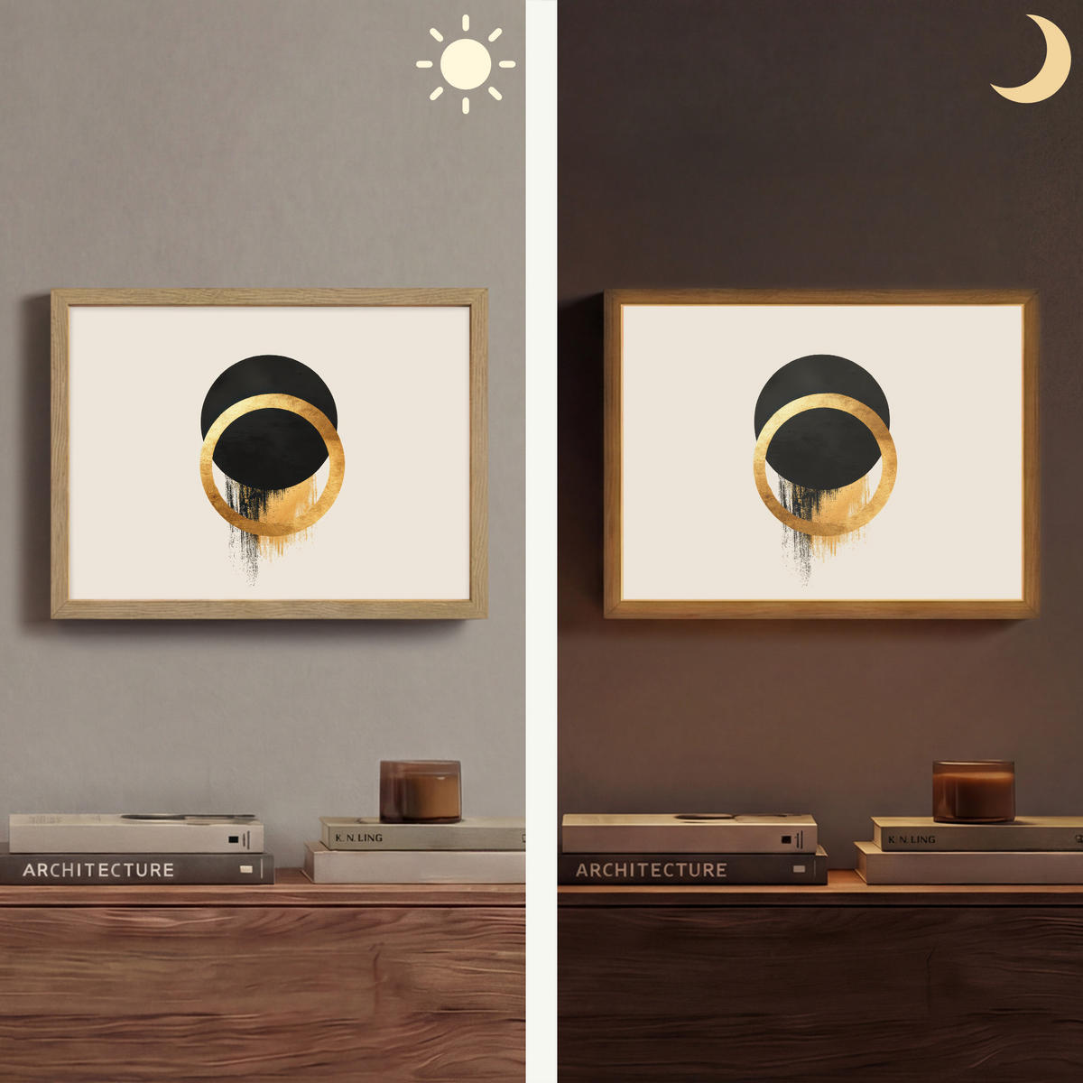 NÁSTĚNNÁ LAMPA S AKUMULÁTOREM Abstraktní design - Černý kruh - Skvrny od barvy 40x30 cm - krémová, kompozitní dřevo (40/30/8cm) - OnlyWow