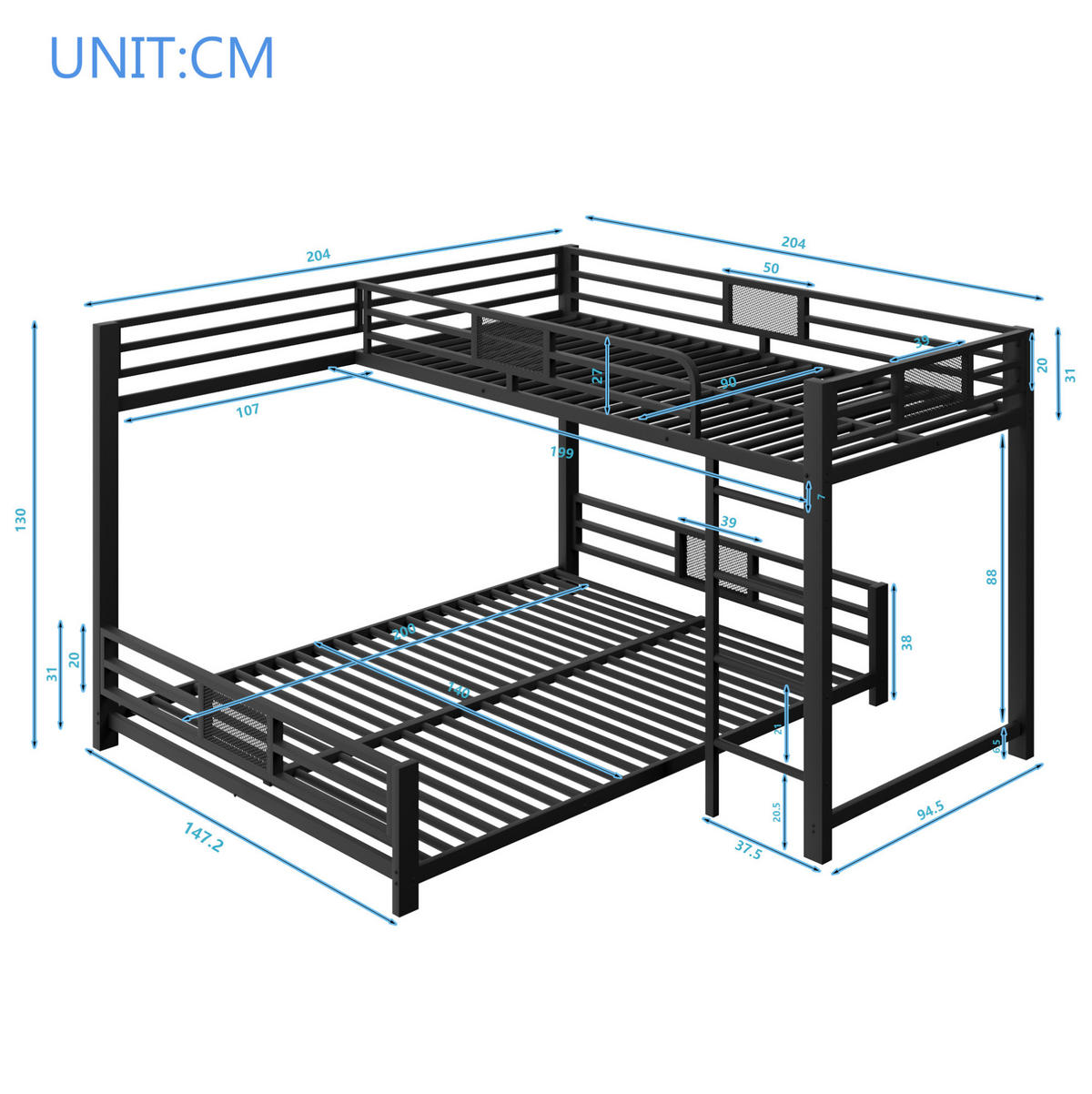 ETAGENBETT aus Metall 90x200/140x200 cm Schwarz mit Schutzgittern - Schwarz, Metall (140/200cm) - IVMEU