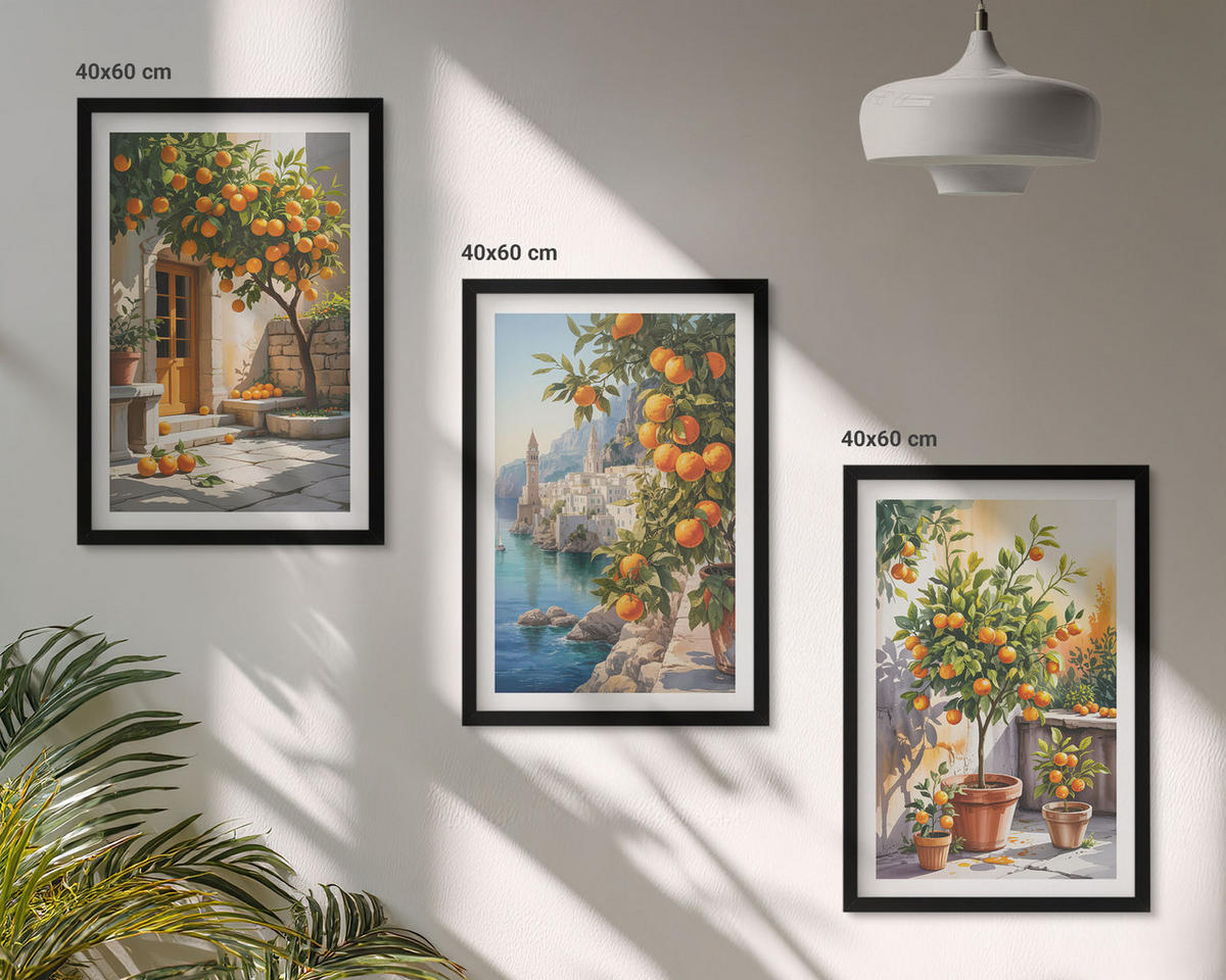 WANDBILDER 3er-Set - 40x60 cm Schwarzer Rahmen - Gemalte Zitruslandschaften - Schwarz, Kunststoff (40/60cm) - ArtPrintCave