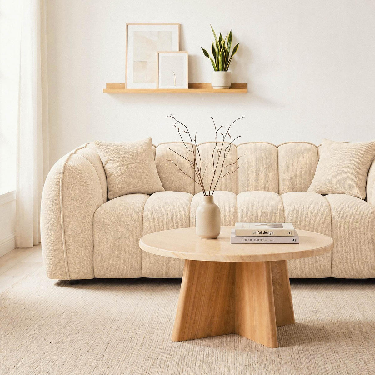 KULATÝ konferenční stolek s travertinovou úpravou a dubovou podnoží, průměr 80 cm - AGÁT - béžová, kompozitní dřevo (80/40/80cm) - Calicosy