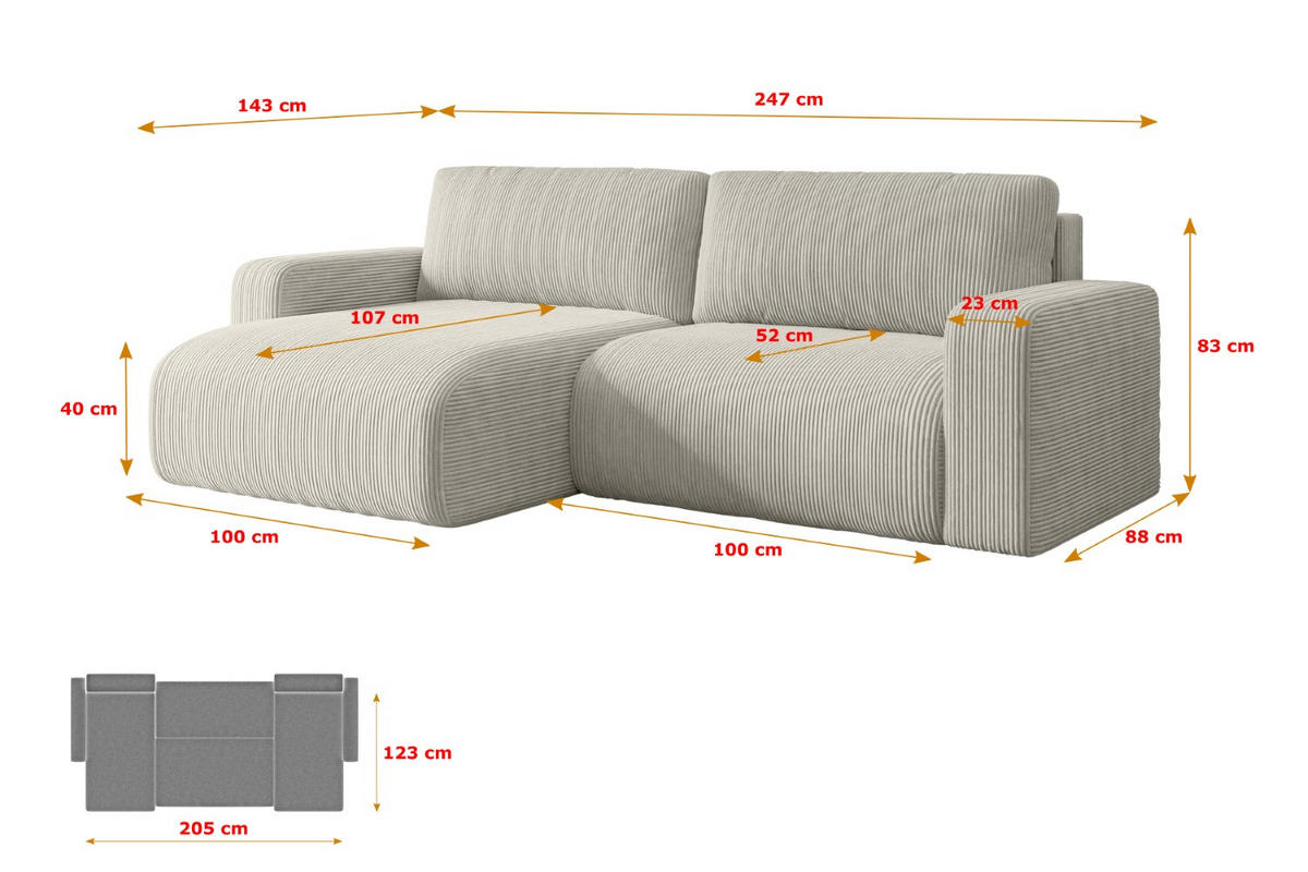 ECKSOFA mit Schlaffunktion und Bettkasten KLEEA-L - 247x143x83 cm Hellgrau Cord - Hellgrau/Schwarz, Holzwerkstoff/Kunststoff (247/143cm) - ALTDECOR