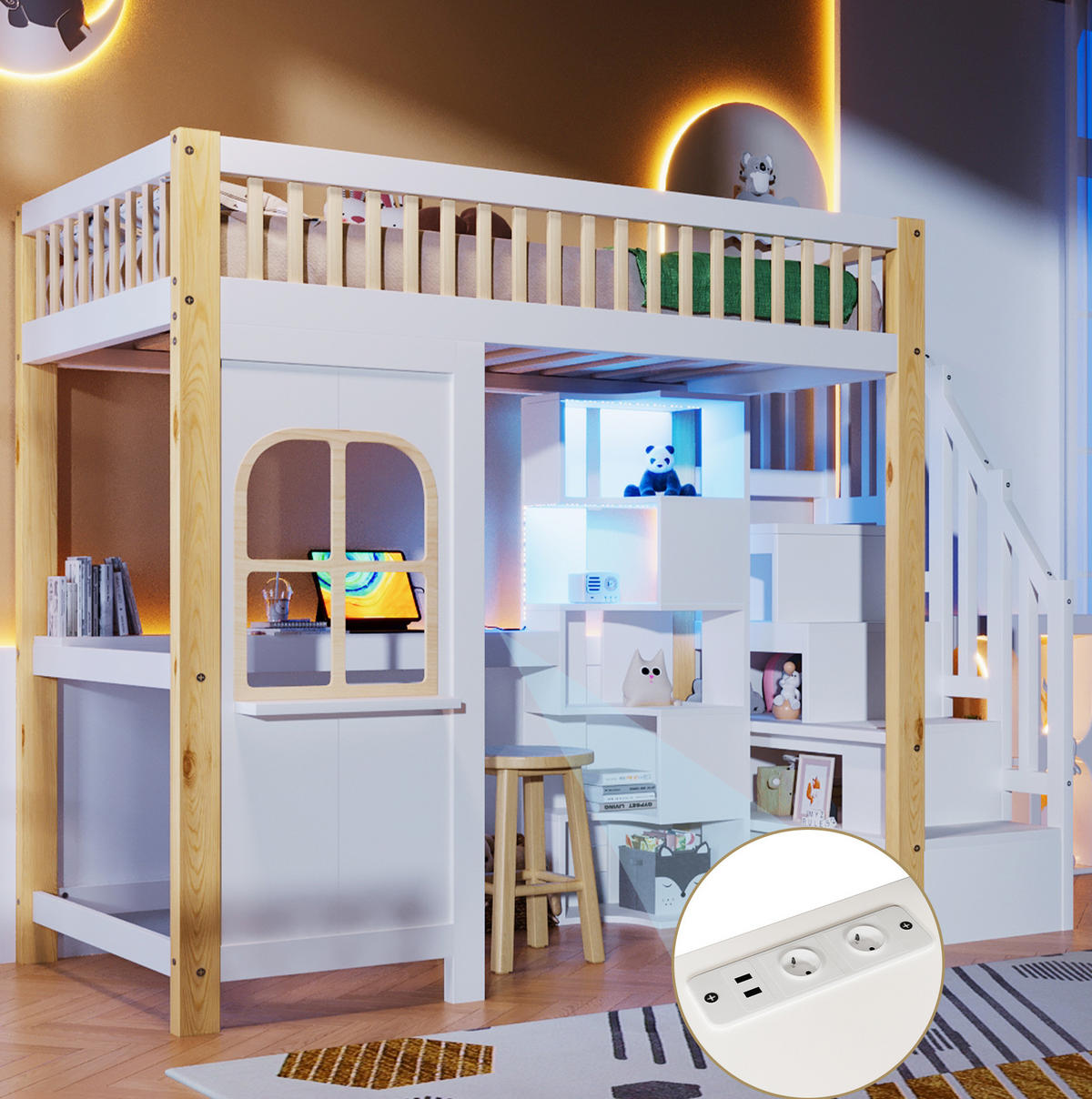 HOCHBETT aus Kiefernholz und MDF 90x200 cm Weiß/Natur mit LED-Beleuchtung, Schreibtisch und Ablageleiter - Weiß, Holzwerkstoff (140/200cm) - Modfu