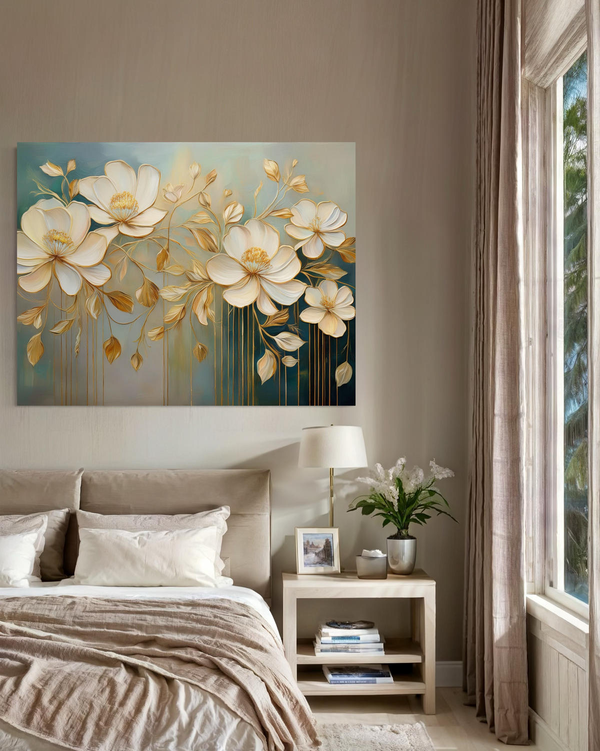 WANDBILD weiß gemalte blumen - Beige, Textil (60/40cm) - Feeby