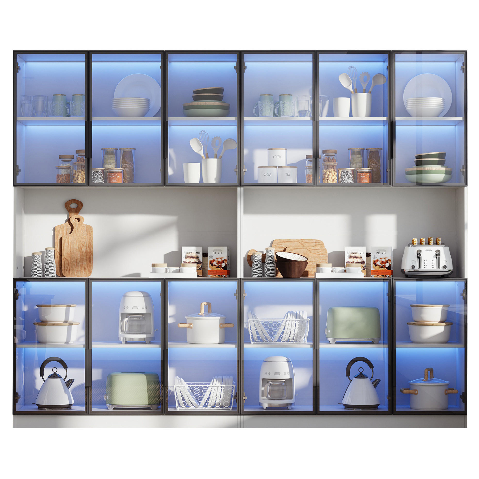 VITRINE aus MDF und Glas 240/34/200 cm mit LED-Beleuchtung, App-Steuerung und 12 Türen, Weiß - Weiß, Holzwerkstoff (240/200/34cm) - Redom