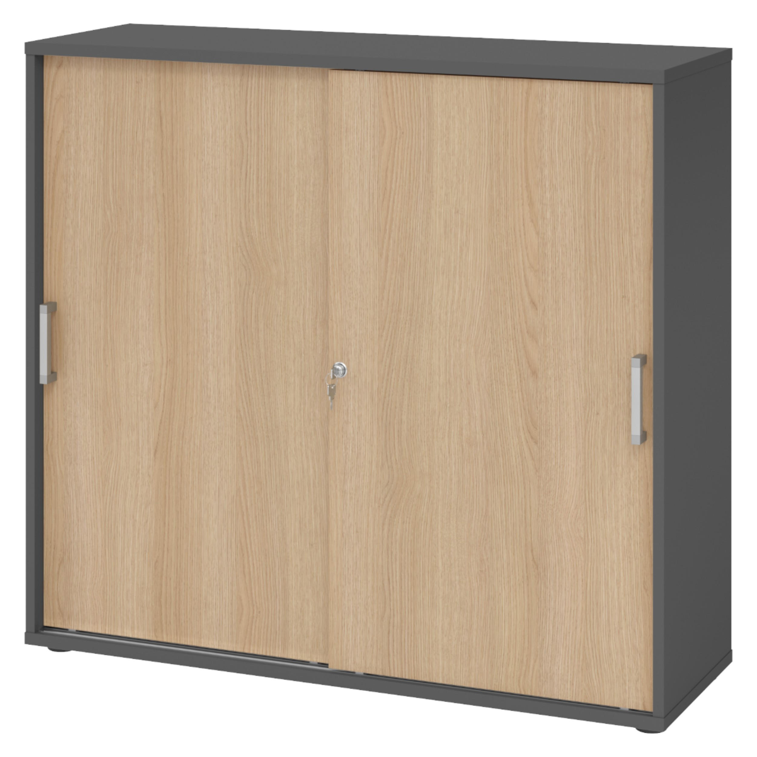 SCHIEBETÜRENSCHRANK - 3 Ordnerhöhen 40/120/110 cm in Graphitfarben/Eichefarben Chromgriff (Metall) - Eichefarben/Graphitfarben, Holzwerkstoff (120/110/40cm) - bümö