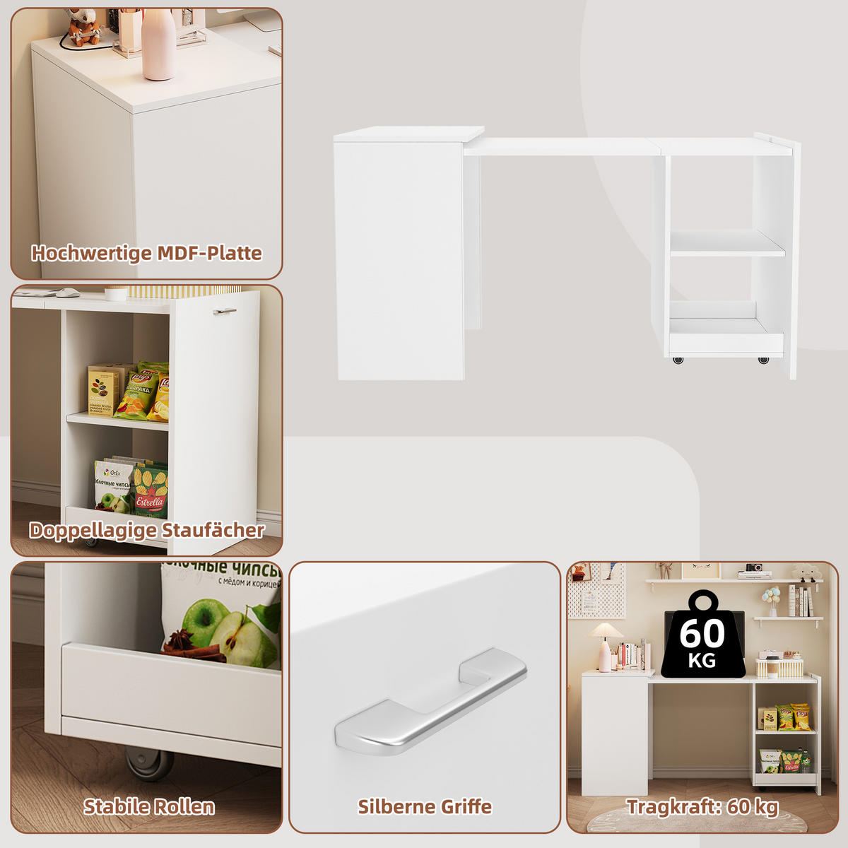 BÜROSCHREIBTISCH holzwerkstoff in weiß, 2-in-1 schrank-funktion & rollbar - Weiß, Holzwerkstoff (55/126/75cm) - Urban Meuble