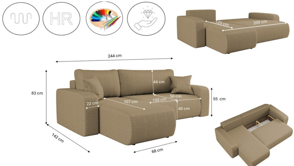 ECKSOFA L-FORM Schlaffunktion Und Bettkasten Eckcouch MILANO L Stoff Quelle Hellbraun Links - Hellbraun, Holz/Textil (142/244cm) - Kaiser Möbel