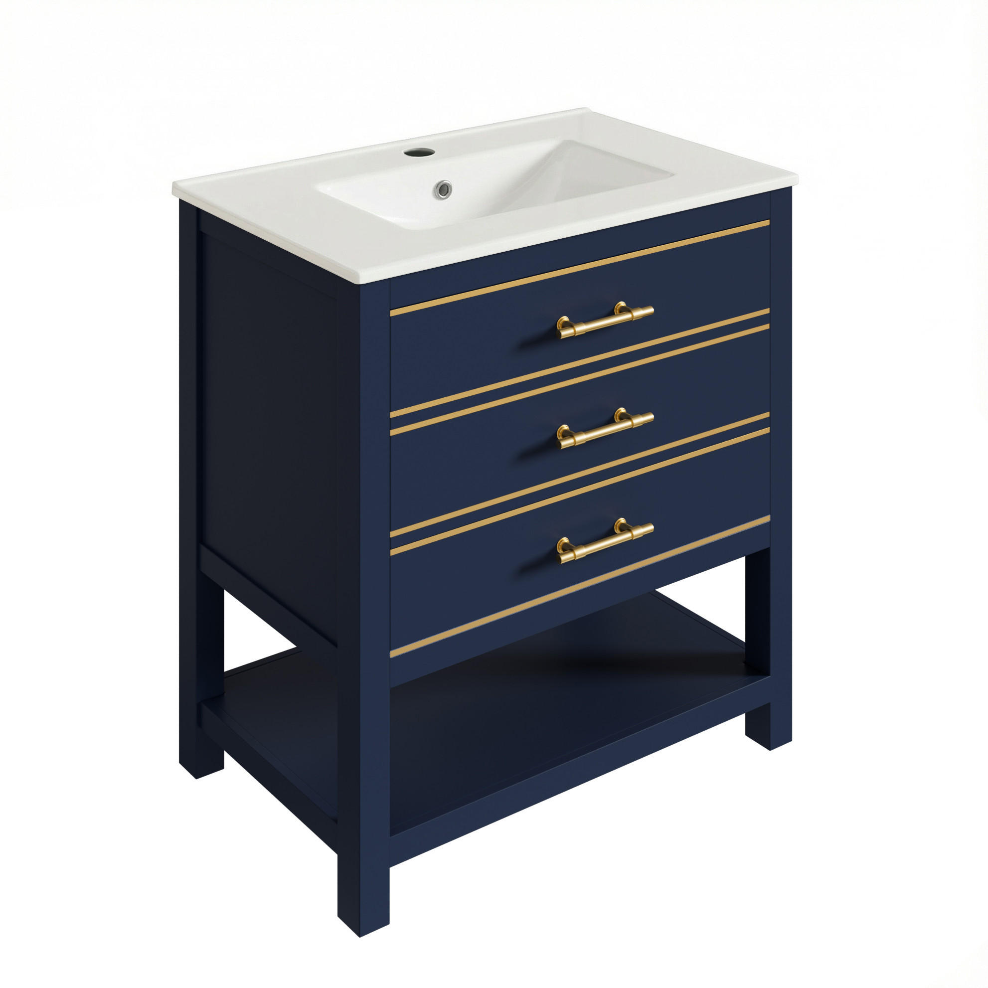 WASCHTISCHUNTERSCHRANK mit Keramikbecken 66x46.5x86cm Schwarz & blau mit Gold-Akzenten - Blau, Holzwerkstoff (76/86/46.5cm) - Modfu