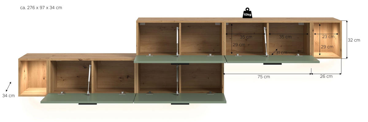 WOHNWAND inkl Beleuchtung Primo 5 tlg. (B/H/T: ca. 276/97/34 cm) in Artisan Oak /Smoke Green - Eiche Artisan, Holzwerkstoff (276/97/34cm)