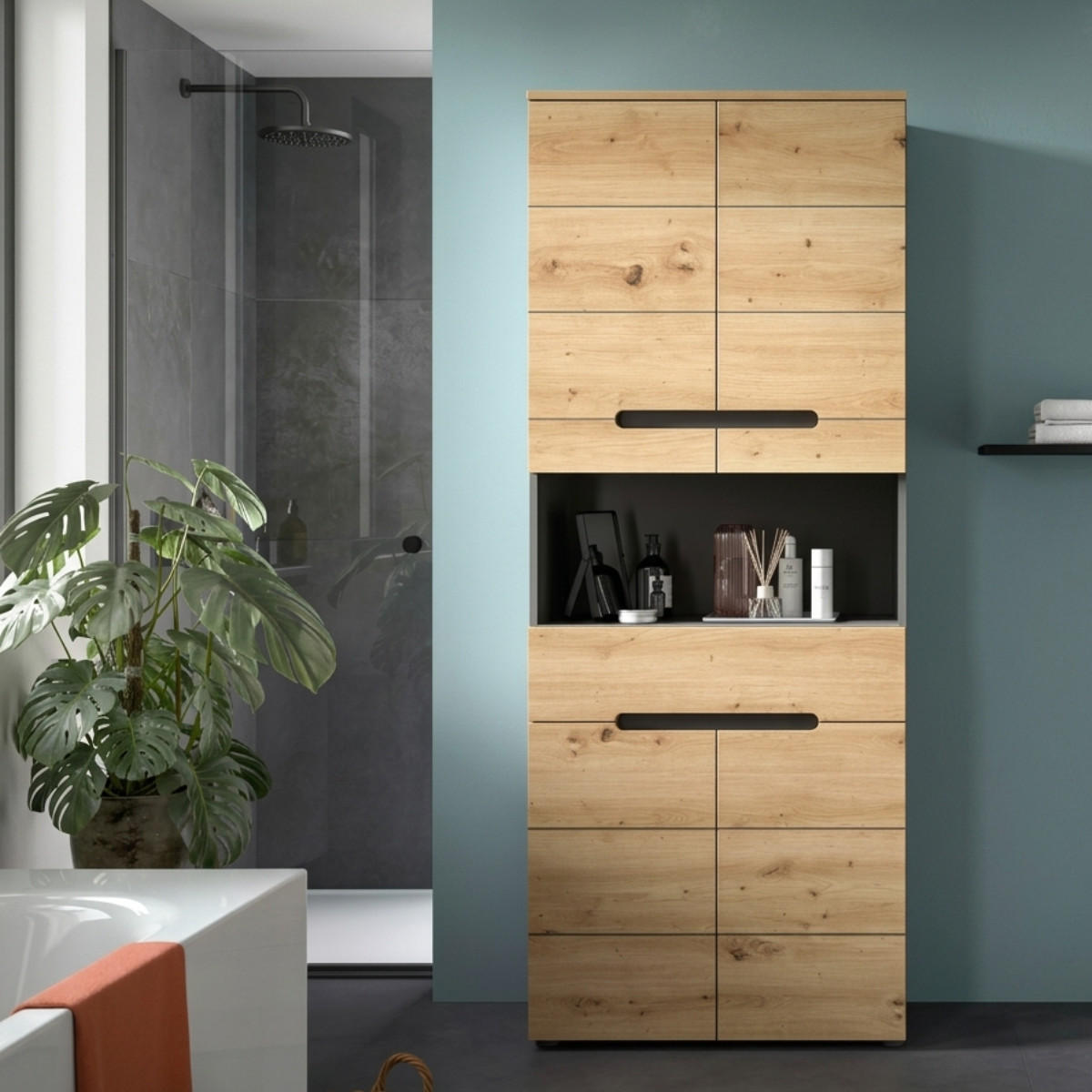 DOPPELSCHRANK für das Badezimmer, 4 Türen, 1 Schublade 34/193/76 cm - Eschefarben, Holzwerkstoff (34/193/43.5cm) - Calicosy