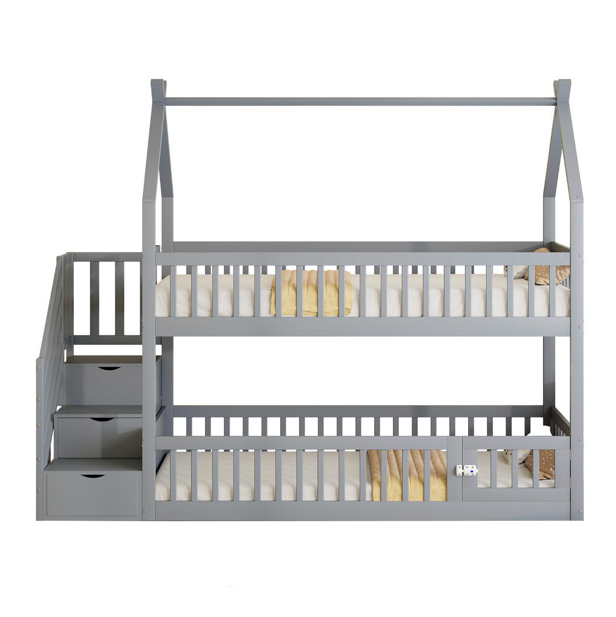 ETAGENBETT aus massivem Kiefernholz 90x200 cm Grau mit Dach, Sicherheitstreppe und Schubladen - Grau, Holzwerkstoff (90/200cm) - Modfu