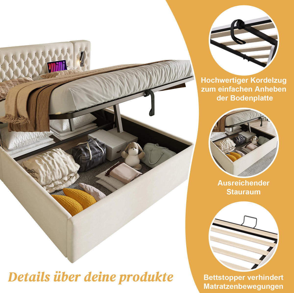 POLSTERBETT 180/200 cm Beige aus Samt mit Stauraum - Beige, Textil (180/200cm) - OKMYHOME