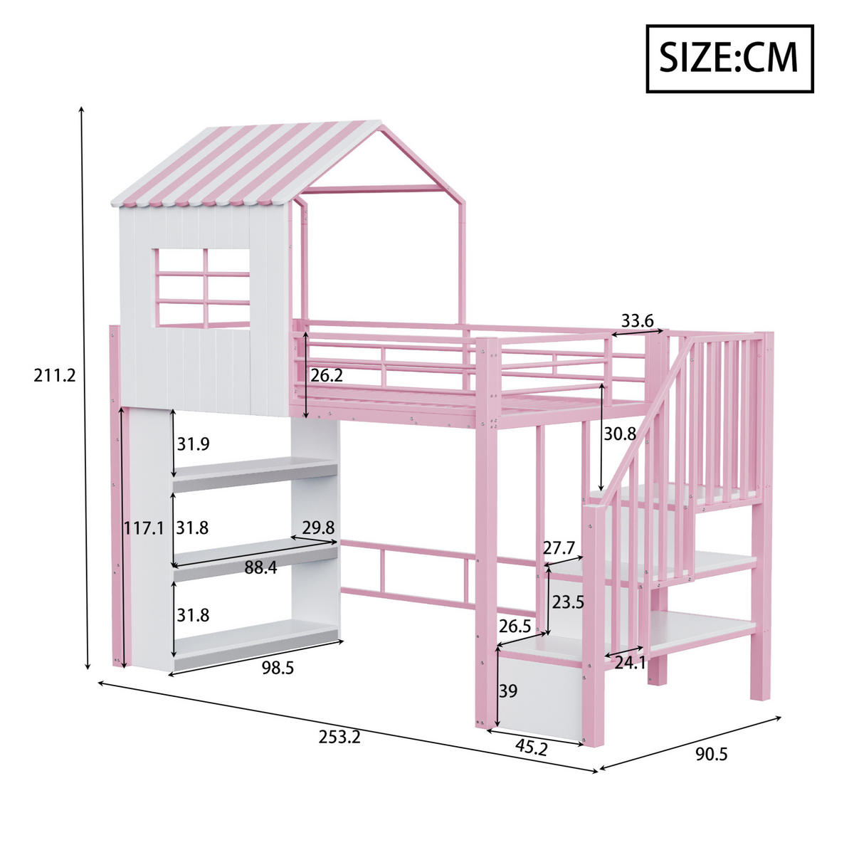HOCHBETT 90/200 cm aus Metall und MDF mit Stauraumtreppe, Regal und Freiraum unter dem Bett, Rosa/Weiß - Rosa, Metall (90/200cm) - Redom
