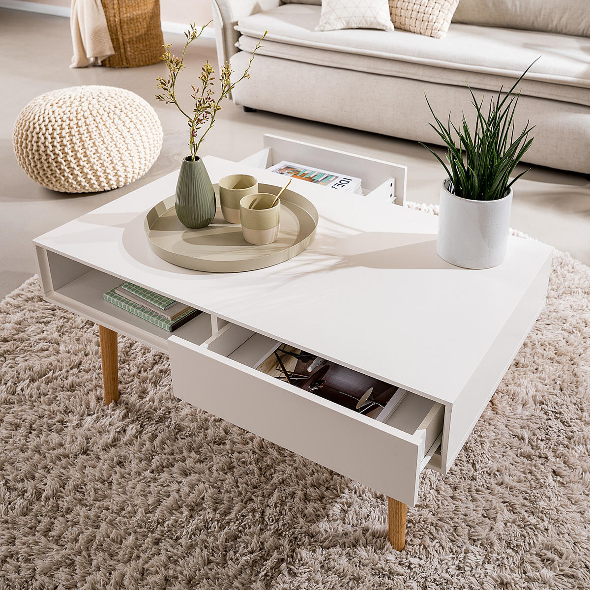 COUCHTISCH mit 2 Schubladen - Weiß / Eiche - Eichefarben/Weiß, Eichenholz/Holz (60/100/45cm) - home24