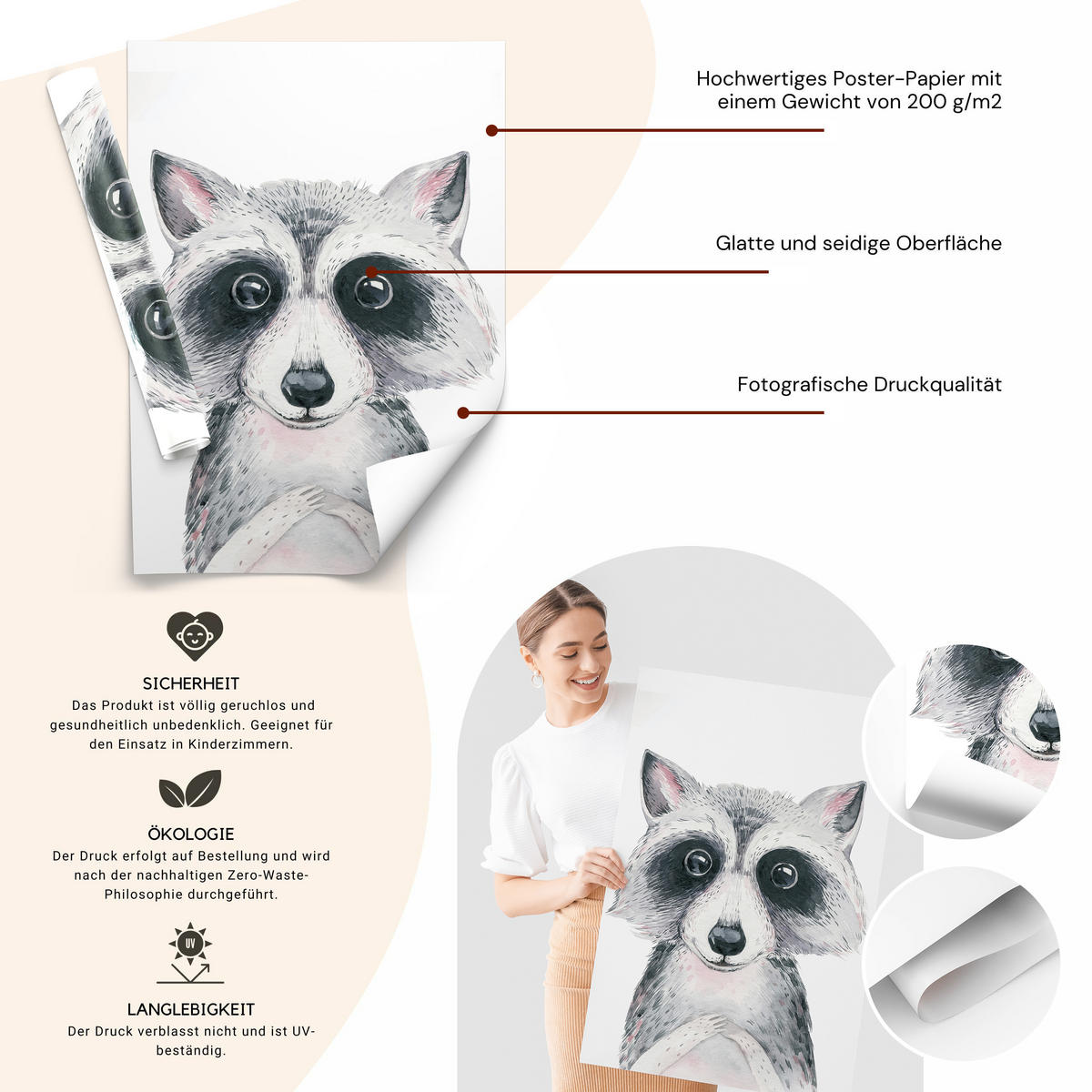 POSTER SET ohne Rahmen für Kinderzimmer WALDTIERE Fuchs Waschbär Reh A4 21x30cm - Beige/Orange, Papier (21/30/1cm) - Muralo