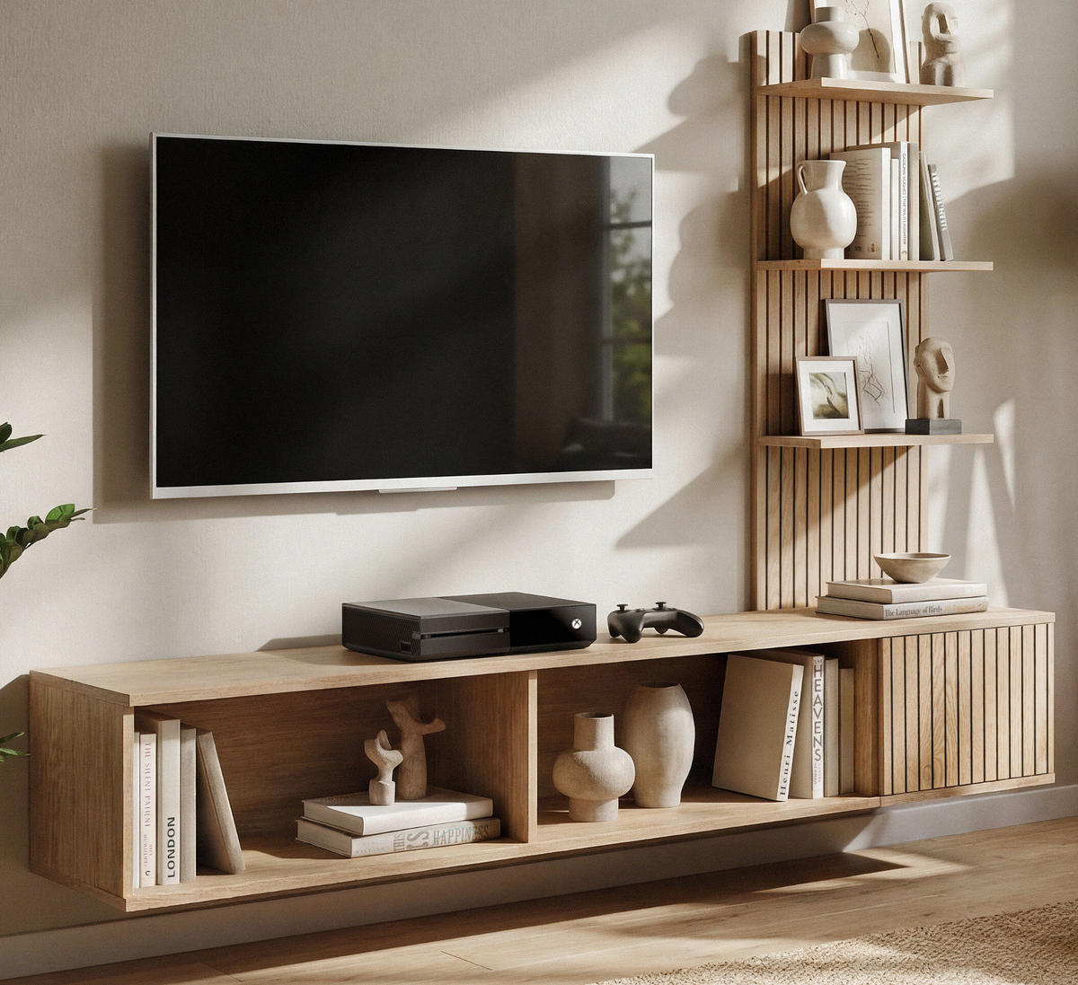 TV-LOWBOARD Cremona Eiche Leistenoptik 180 cm hängend, TV Unterschrank Set mit Paneel und Regal - Eichefarben, Holzwerkstoff (180/130/40cm) - Inn.Furn