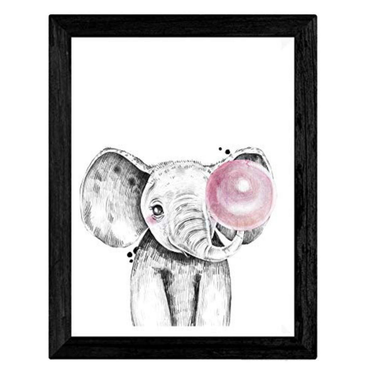 POSTER Set mit 4 Kinder Tiere mit rosa Kaugumm A3 Schwarzer Rahmen - Schwarz, Papier (29.7/3cm) - Nacnic