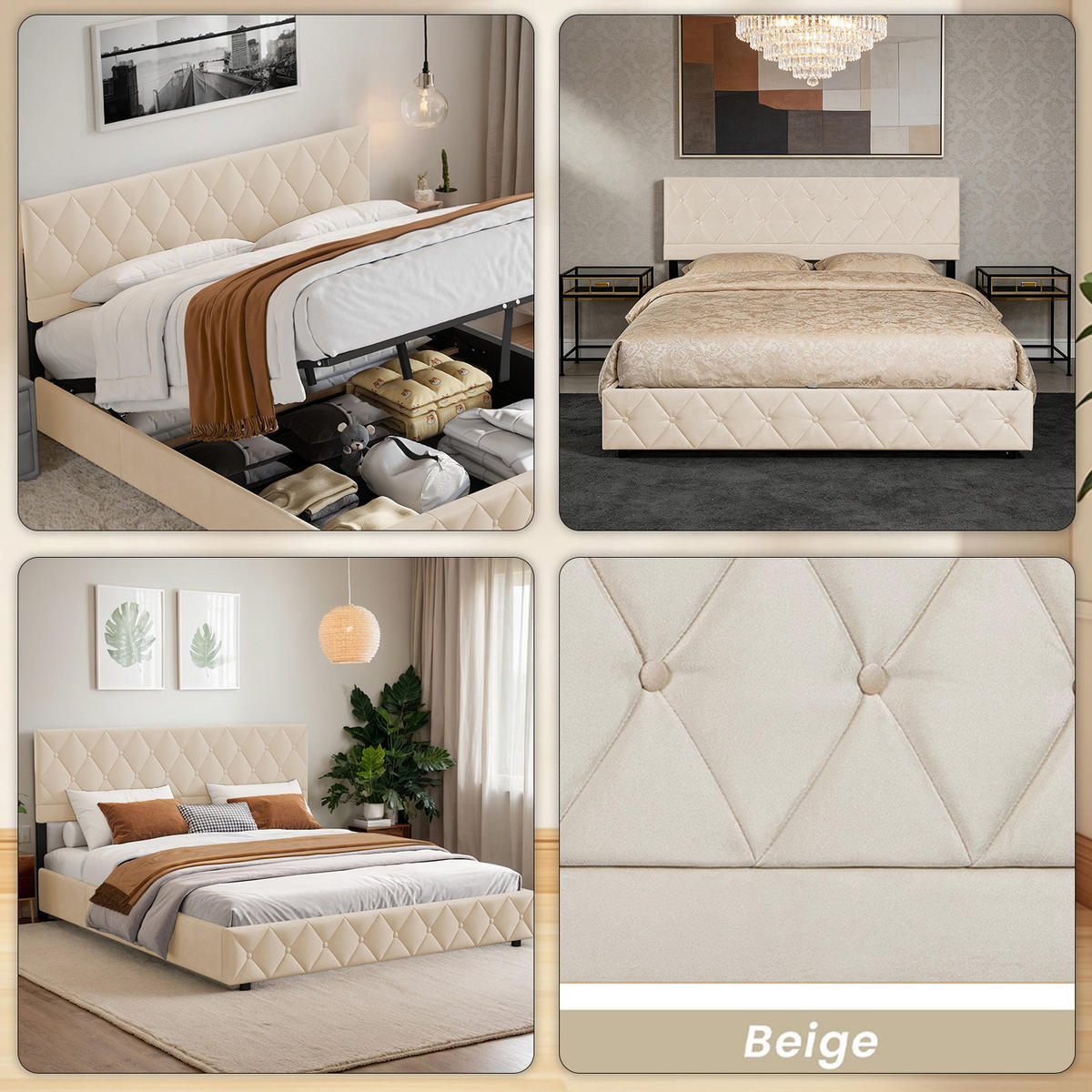 POLSTERBETT 140/200 cm Beige mit hydraulischem Stauraum aus Samt - Beige, Holzwerkstoff (140/200cm) - OKWISH