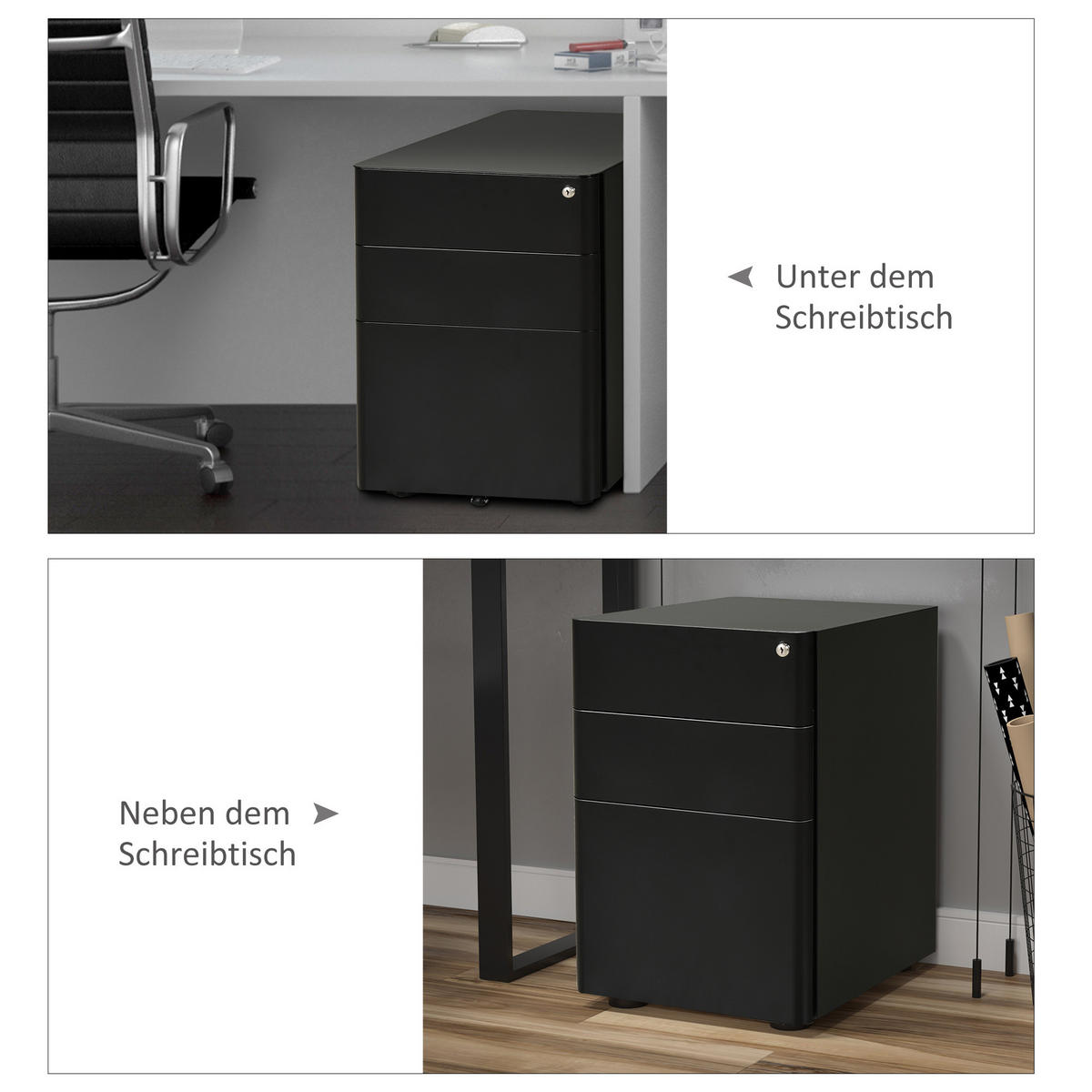 AKTENSCHRANK mit 3 Schubladen, Stahl, Schwarz, 39 x 48 x 59 cm - Schwarz, Metall (48/59/39cm) - Vinsetto