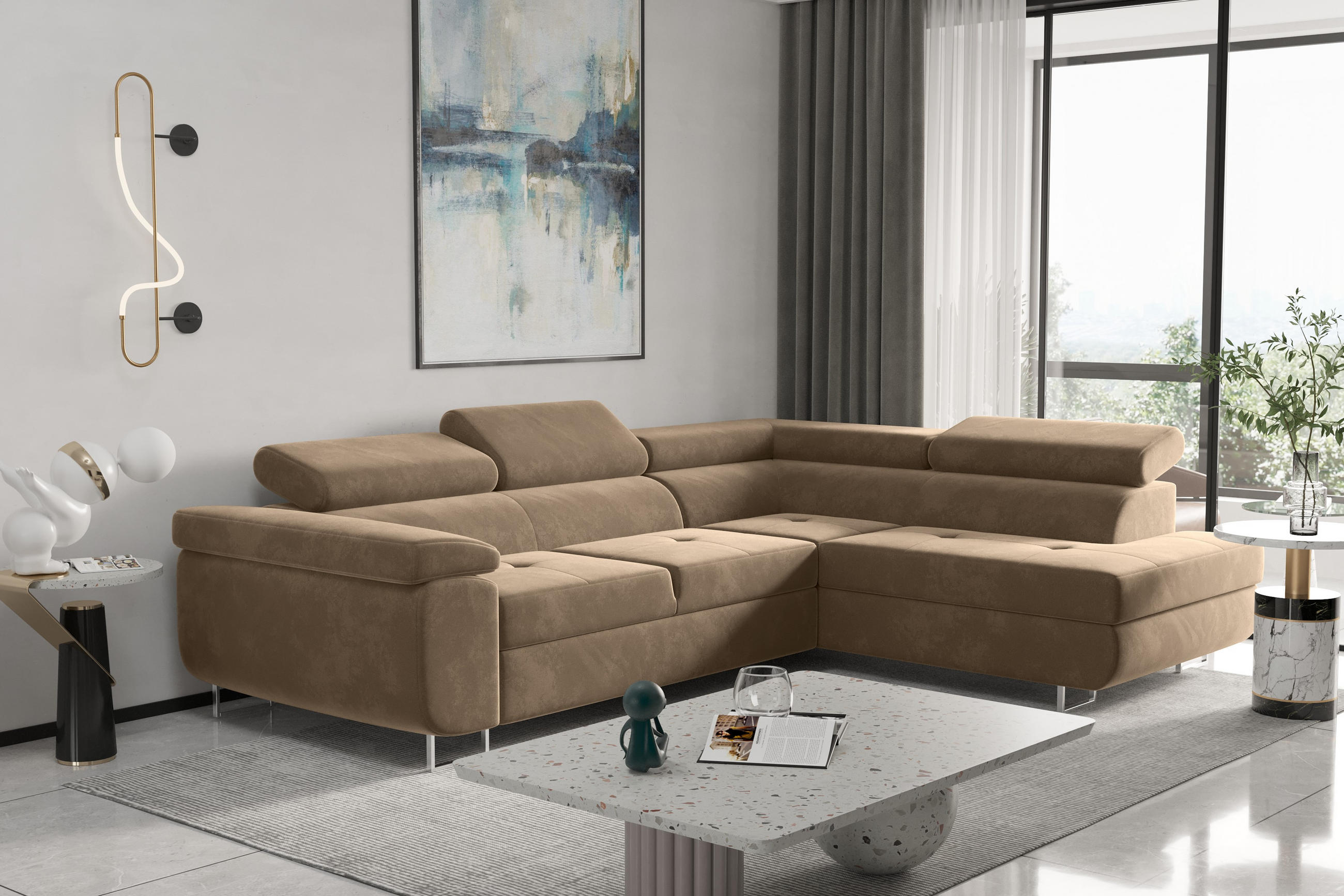 ECKSOFA mit Schlaffunktion und Bettkasten ATOM Hellbraun Rechts - Hellbraun, Holz/Textil (275/202cm) - Kaiser Möbel