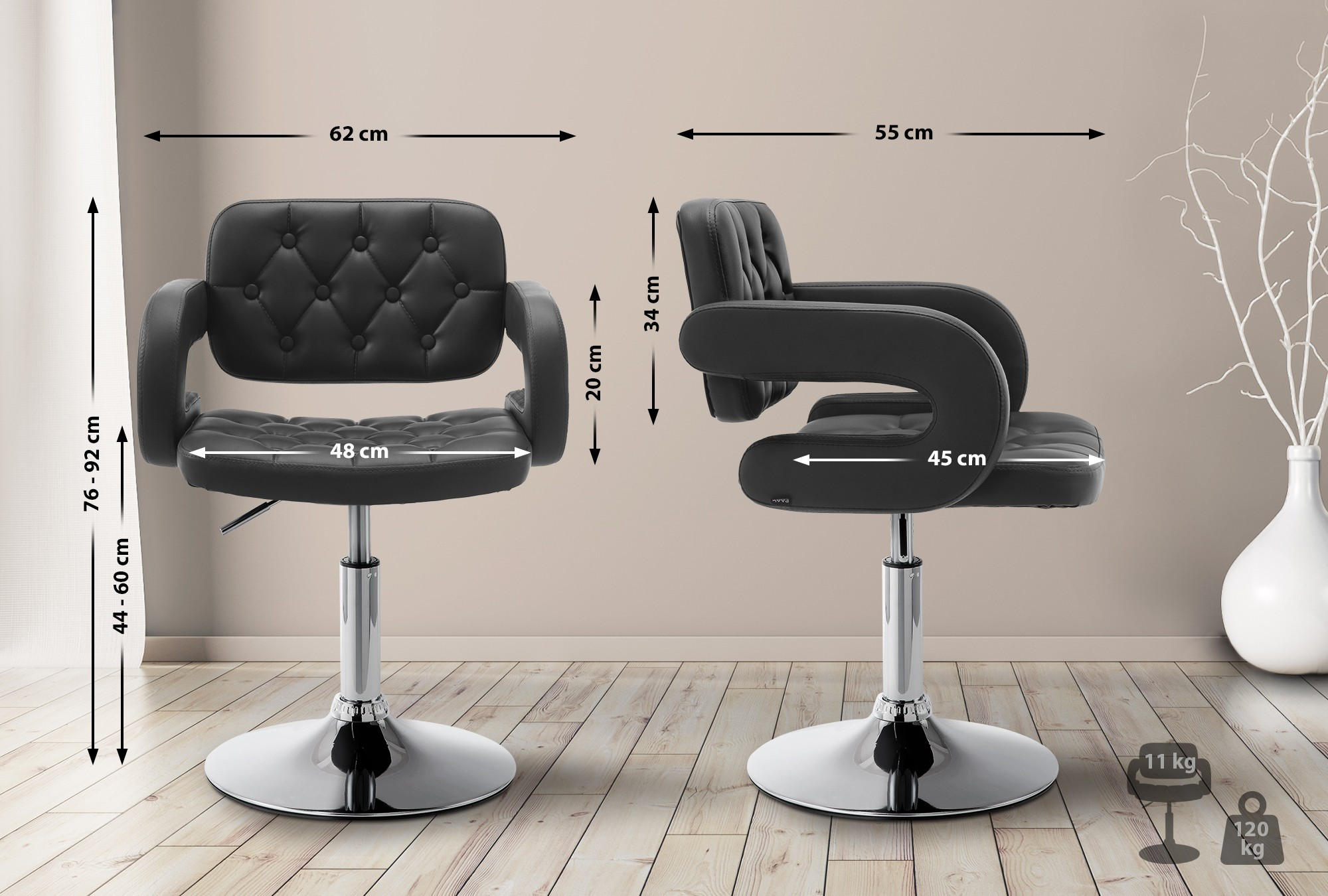 SESSEL Lederlook schwarz - Chromfarben/Schwarz, Textil/Metall (62/76/55cm) - CLP