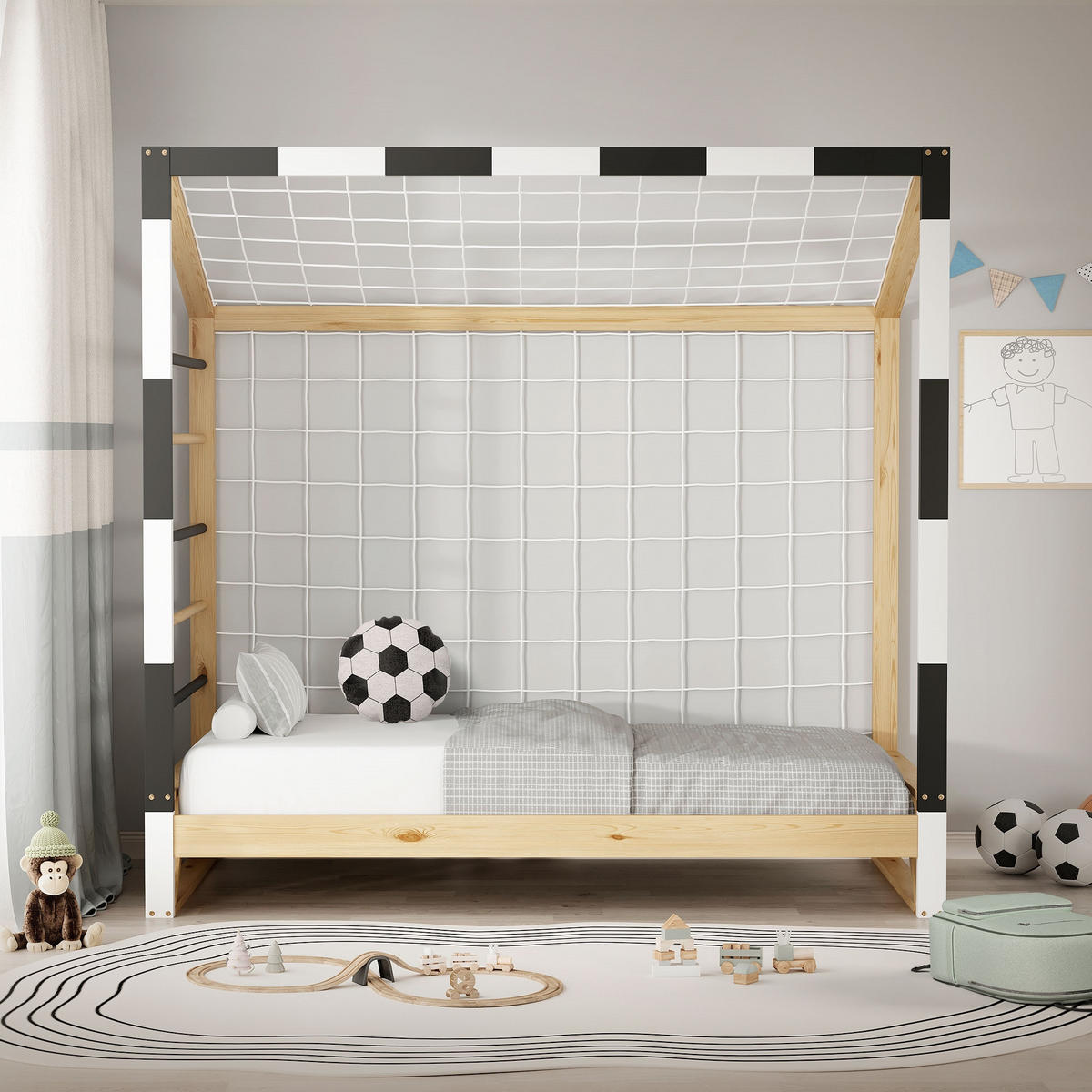 KINDERBETT Fußballtor 80x160 cm Schwarz-Weiß - Hellbraun, Holz (80/170cm) - ML-DESIGN