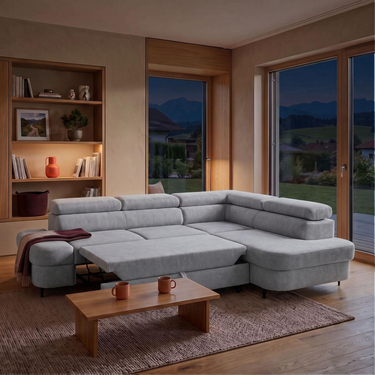 ECKSOFA PRIAM L Rechts mit Schlaffunktion 125x195 Velours Hellgrau - Hellgrau/Schwarz, Holz/Textil (203/275cm) - Muffo