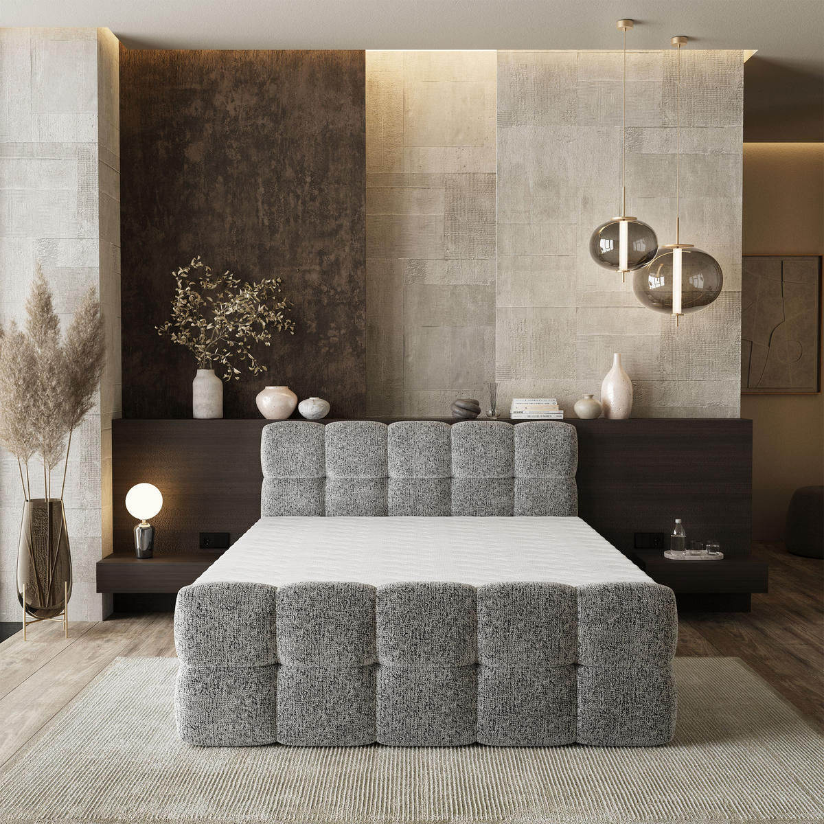 BOXBETT BRUME 140x200 cm mit Matratze und Topper, H2+H3 - Hellgrau - Hellgrau, Holz (140/200cm) - MASSENO