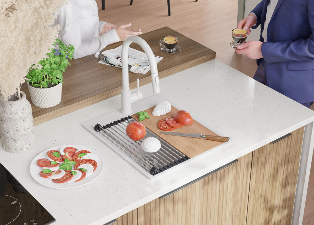SPÜLBECKEN Oslo, 2-er set Alles Weiß 43/50 cm 1 Becken + Ablauf-Set + Schneidebrett ab 45er Unterschrank - Beige/Weiß, Kunststoff (43/20/50cm) - Primagran