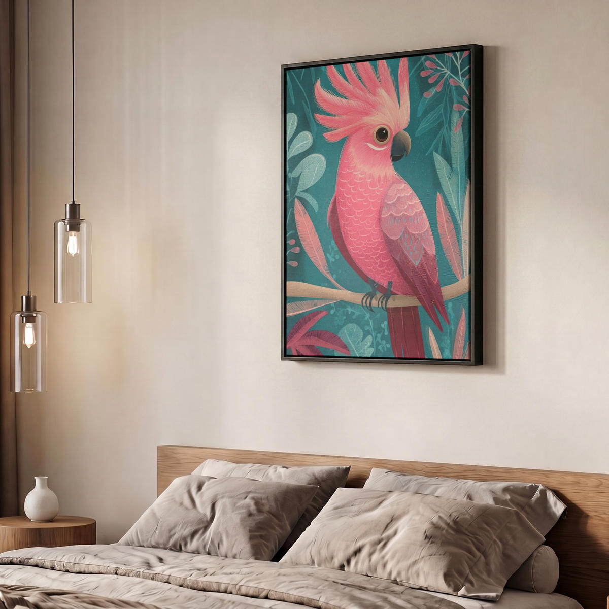 LEINWAND Bilder mit Rahmen - Kakadu - Tropische Blätter - Zweig - 50x70 - Petrol, Textil (50/70cm) - MuchoWow