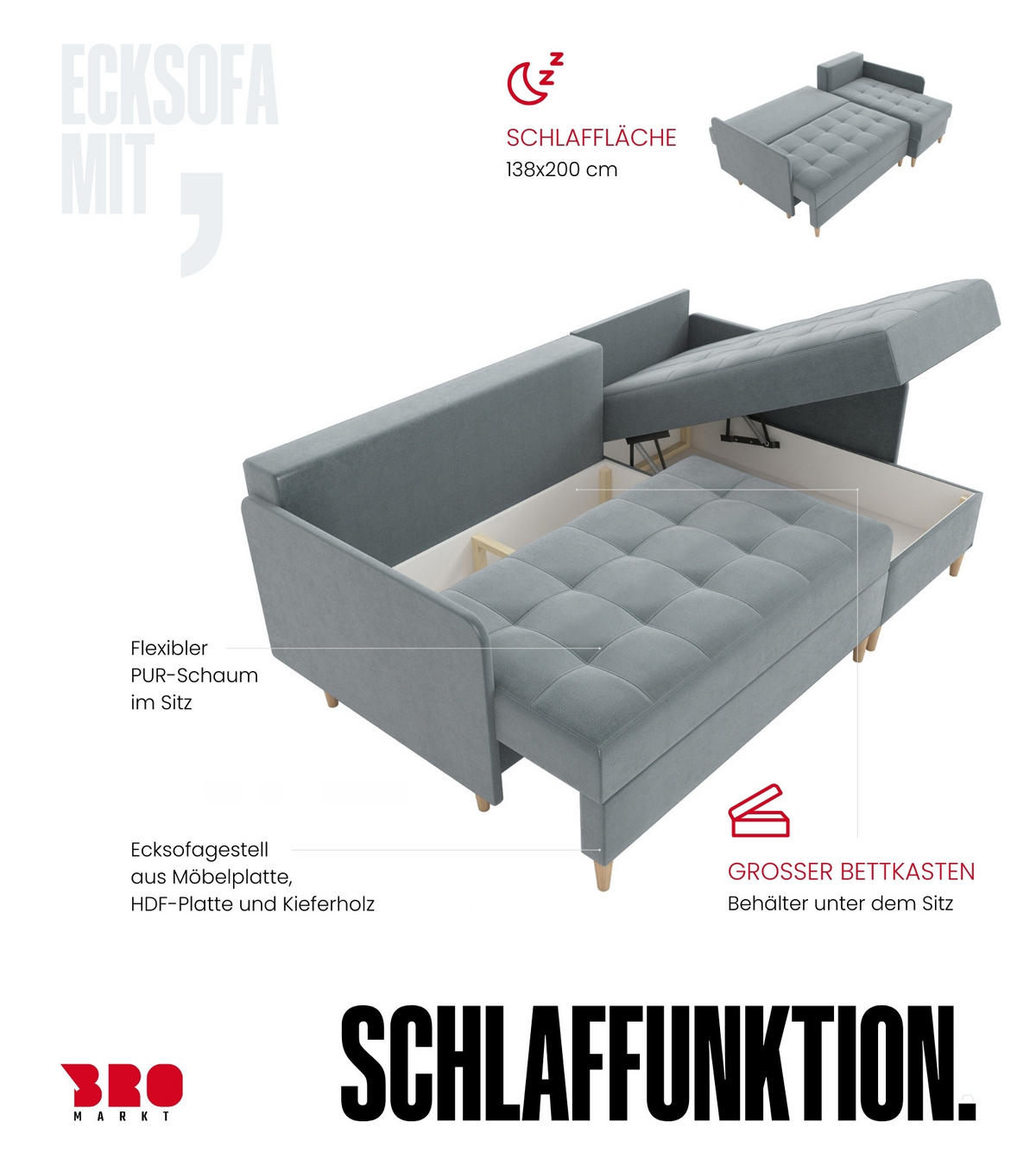 ECKSOFA Fado mit Schlaffunktion Grau Samtstoff - Grau, Textil (210/141cm) - Bromarkt