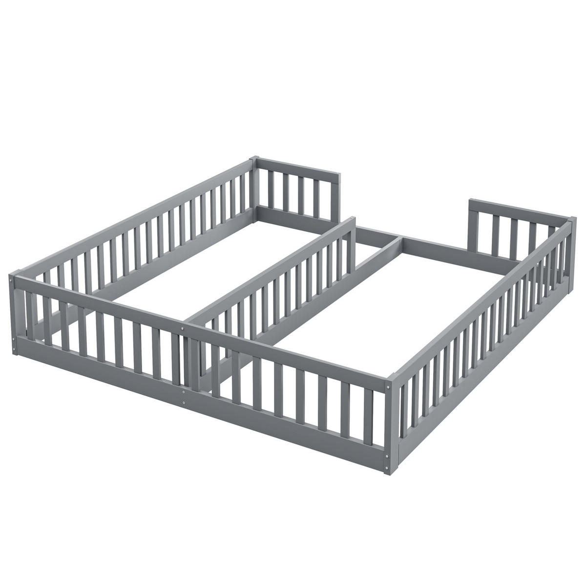 KINDERBETT aus Kiefer und MDF 90x200 cm Grau mit Sicherheitsgitter, bodennahes Doppelbett für 2 Kinder - Grau, Holzwerkstoff (90/200cm) - Modfu