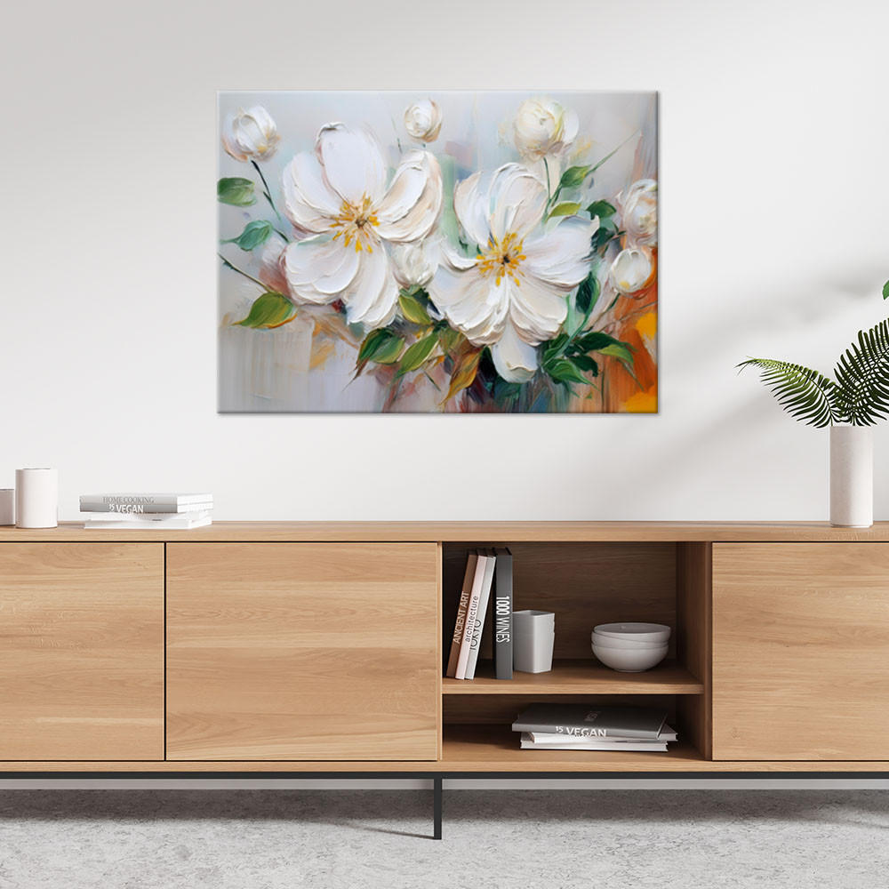 WANDBILD weiße blühende blumen wie gemalt - Weiß, Textil (90/60cm) - Feeby