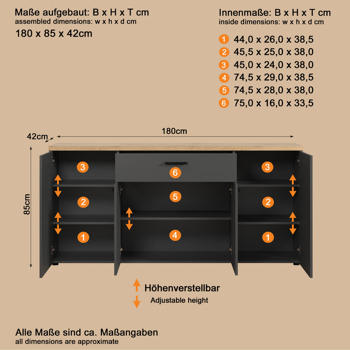 SIDEBOARD grau, Evoke Eiche 180 cm 4-türig, TV Unterteil in modernem Design - Eichefarben/Anthrazit, Holzwerkstoff/Kunststoff (180/85/42cm) - Top.Furn