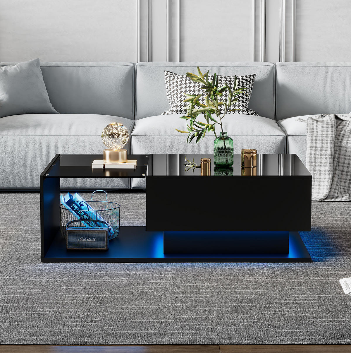 COUCHTISCH aus Spanplatte 100x50x32 cm in Schwarz mit Schublade & LED - Schwarz, Holzwerkstoff (100/50/32cm) - Modfu