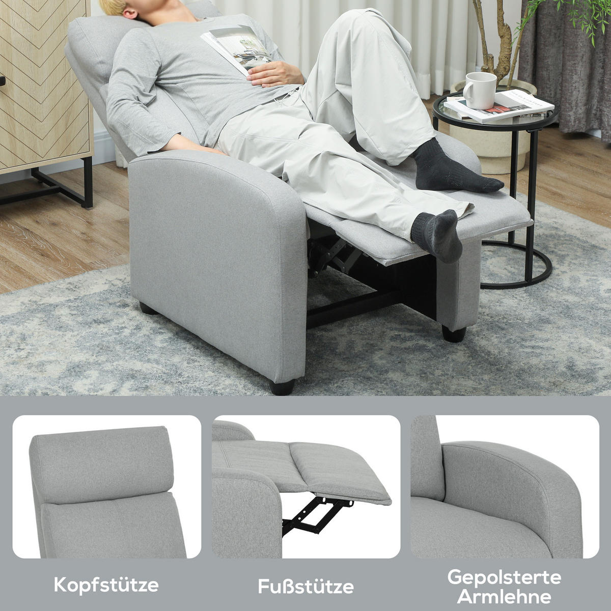 RELAXSESSEL Fernsehsessel mit Liegefunktion, Leinenoptik, für Wohnzimmer Hellgrau - Hellgrau, Textil/Metall (88/101/69cm) - HOMCOM