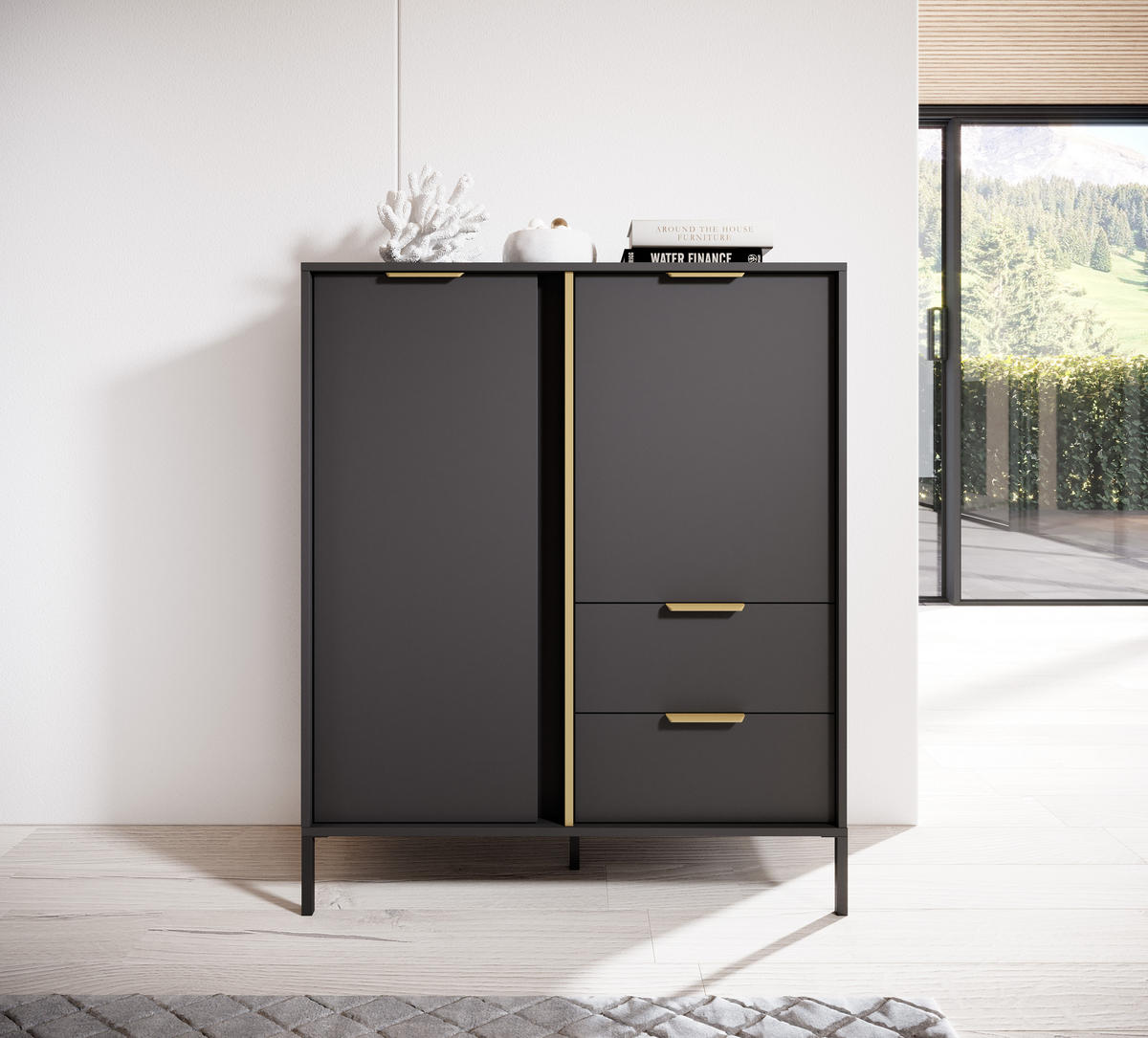 HIGHBOARD Catanian 2T 2S Grau 103,3/123,4/39,5 cm – mit goldenen Griffen und schwarzen Beinen - Schwarz/Grau, Holzwerkstoff/Metall (103.3/123.4/39.5cm) - AX Living