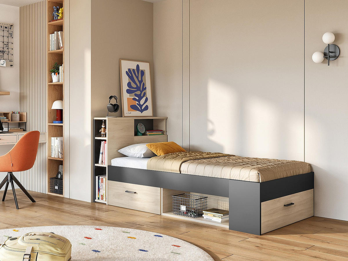 BETT mit Kopfteil, Stauraum & Schublade - 90 x 190 cm - Naturfarben & Anthrazit - LEANDRE - Anthrazit, Holz (99.5/218.5cm) - Vente-Unique