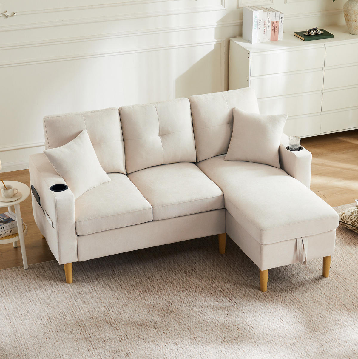 SOFA mit Chaiselongue und Stauraum 175 x 129 cm Beige 2 Kissen - Beige, Holz (129/175cm) - Meubliv