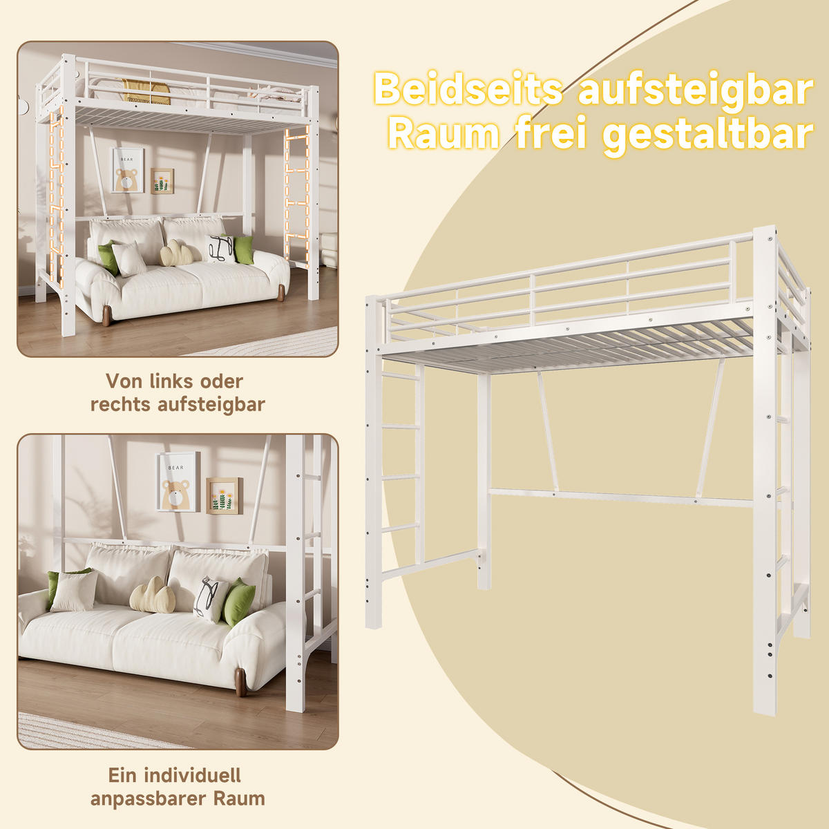HOCHBETT 90/200 cm in Weiß mit Doppelleiter, Schutzgeländern und offenem Raum unter dem Bett aus Metall - Weiß, Metall (90/200cm) - STILVORA