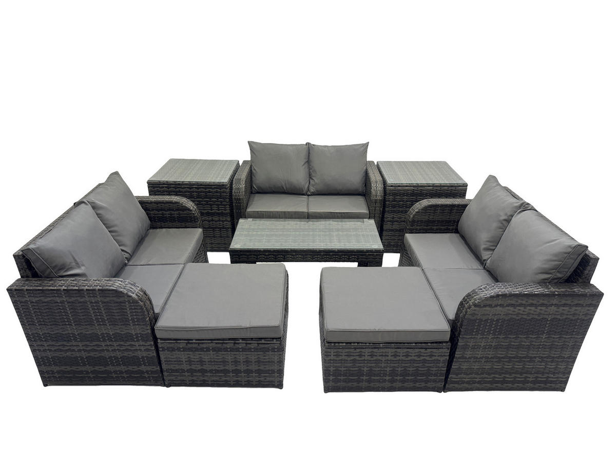 GARTENSOFA SET mit rechteckigem COUCHTISCH Polyrattan 8-Sitzer Dunkelgrau - Dunkelgrau/Grau, Glas/Kunststoff - Fimous