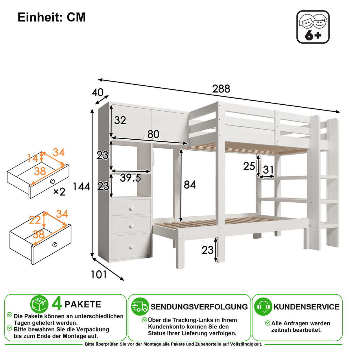 ETAGENBETT 90/200 cm in Weiß mit Schrank, 3 Schubladen, Regal und LED - Weiß, Holz/Holzwerkstoff (90/200cm) - CHICFURN