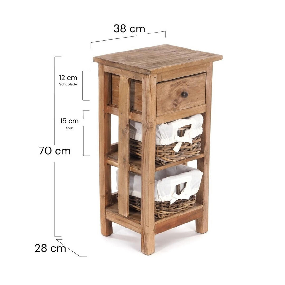 TELEFONTISCH RATTAN 70 mit 2 Rattan-Körben und Schublade, Mahagoni massiv 01 natur-vintage - Naturfarben, Holz (28/38/70cm) - DESIGN DELIGHTS