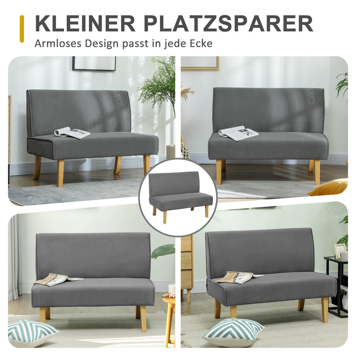 SOFA 2 Sitzer, mit Cord-Optik, 110 x 62 x 85 cm, Grau - Grau, Textil (110/85/62cm) - HOMCOM