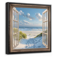 LEINWAND Bilder mit Rahmen - Aussicht - Strand - Fenster - Dünen - Meer - 20x20 - Hellblau, Textil (20/20cm) - MuchoWow