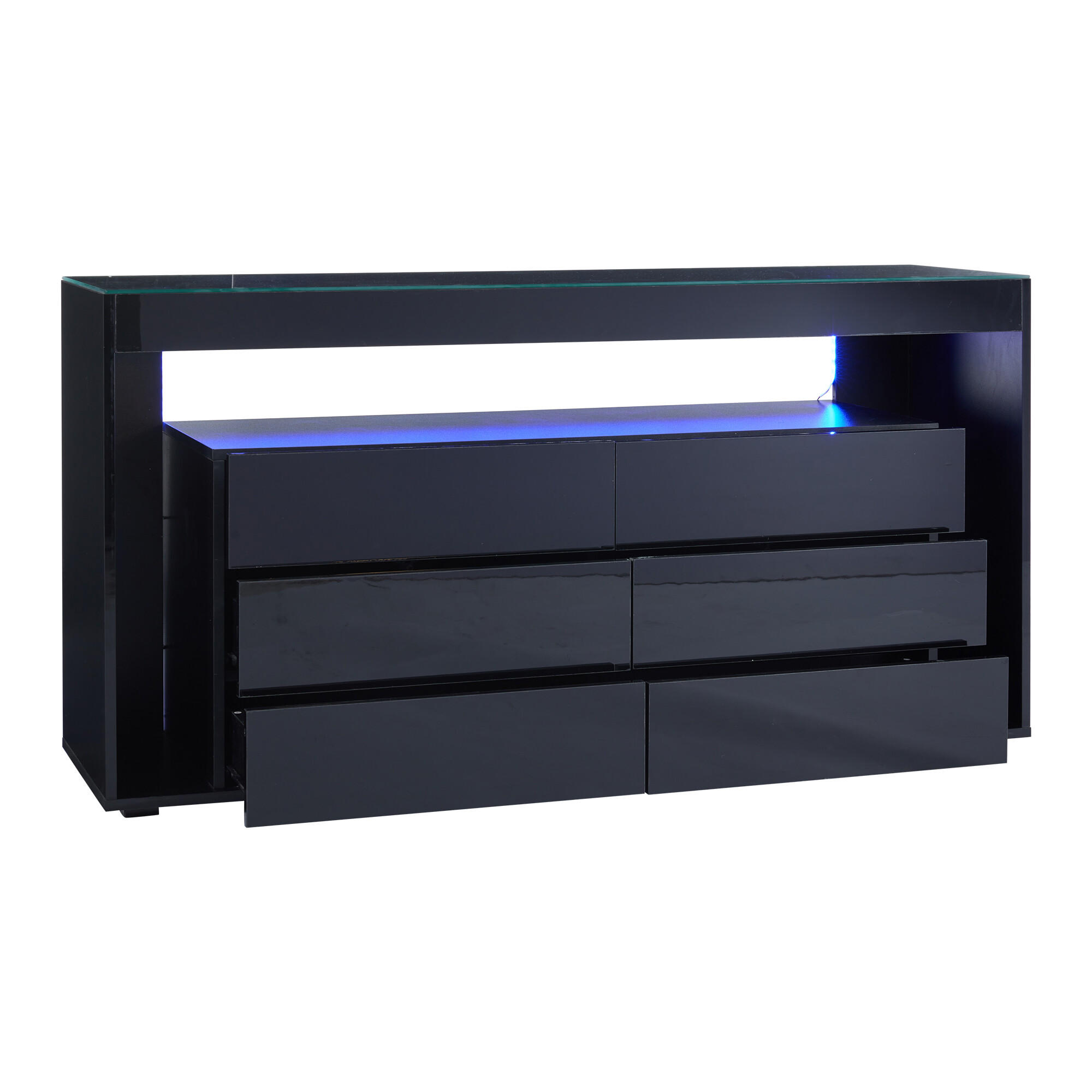 SIDEBOARD mit 6 Schubladen und LED Schwarz - Schwarz, Glas/Holzwerkstoff (40/72/140cm) - Urban Meuble